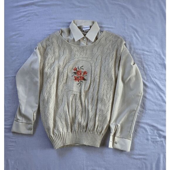Vintage Bobby Brooks Button Down Dress Shirt w/ Knit Flower Vest, Size S, Cream - Picture 1 of 9